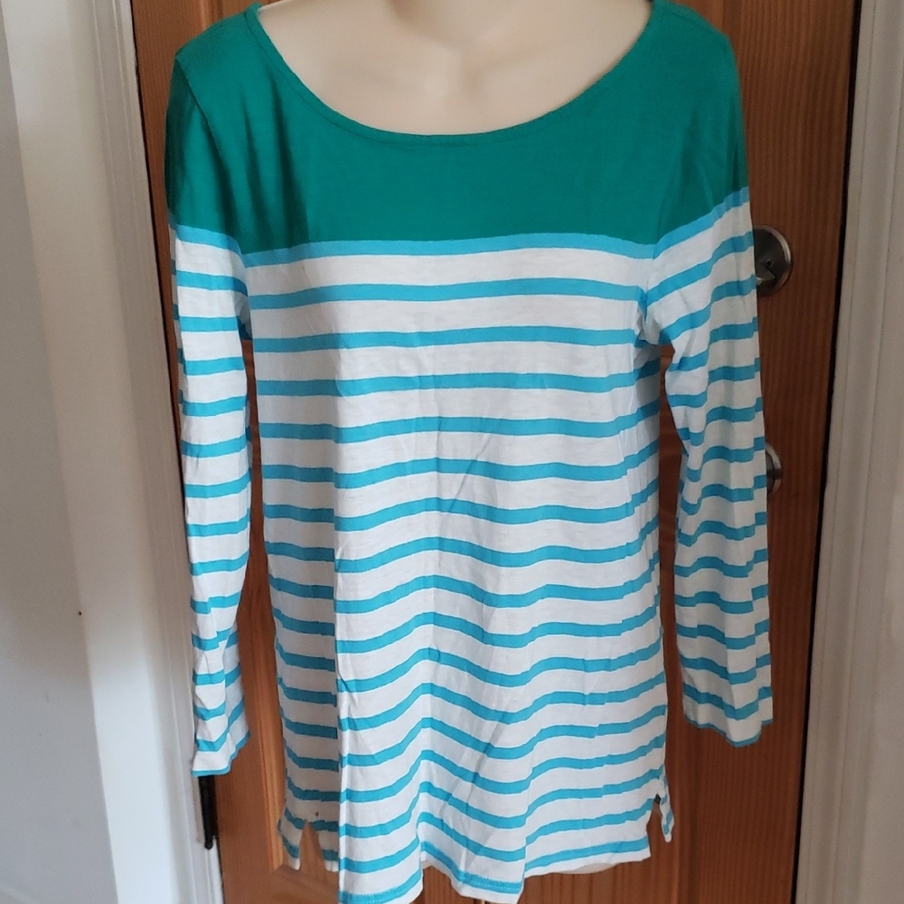 J. Crew Teal Long Stripped Sleeve Top